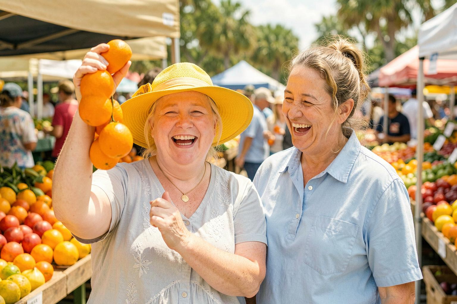 An adult with a developmental disability laughing with a support provider at a farmers market