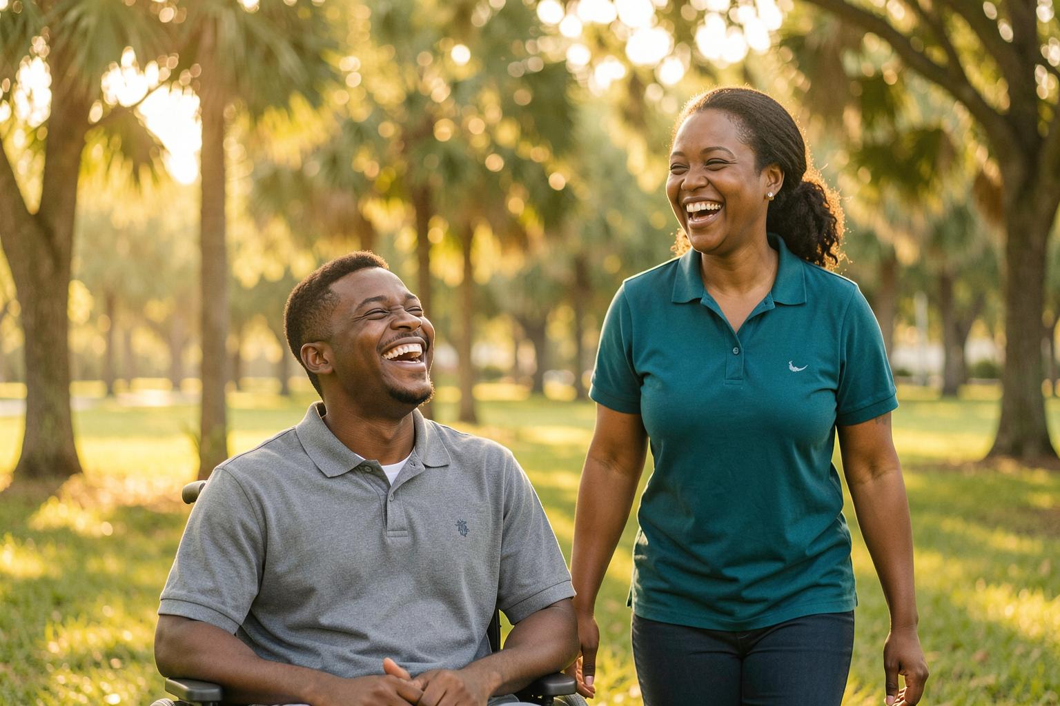 A smiling young man in a wheelchair laughing with his support professional during a sunny outing in a Florida park